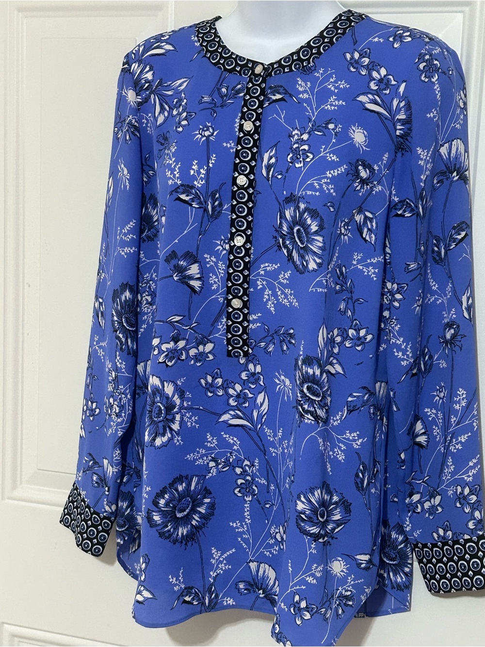 Talbots Royal Blue Floral Long-Sleeve Blouse with Navy Trim